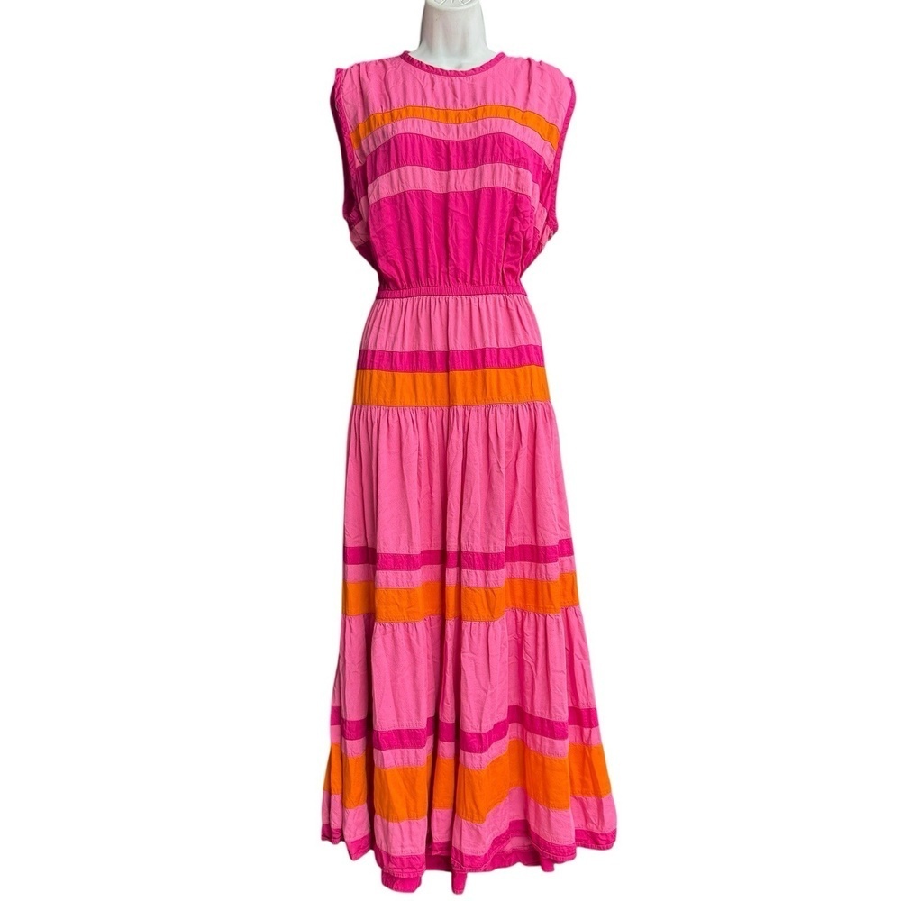 Double D Ranch Striped Boho Maxi Dress Size L Sleeveless Western Pink Orange